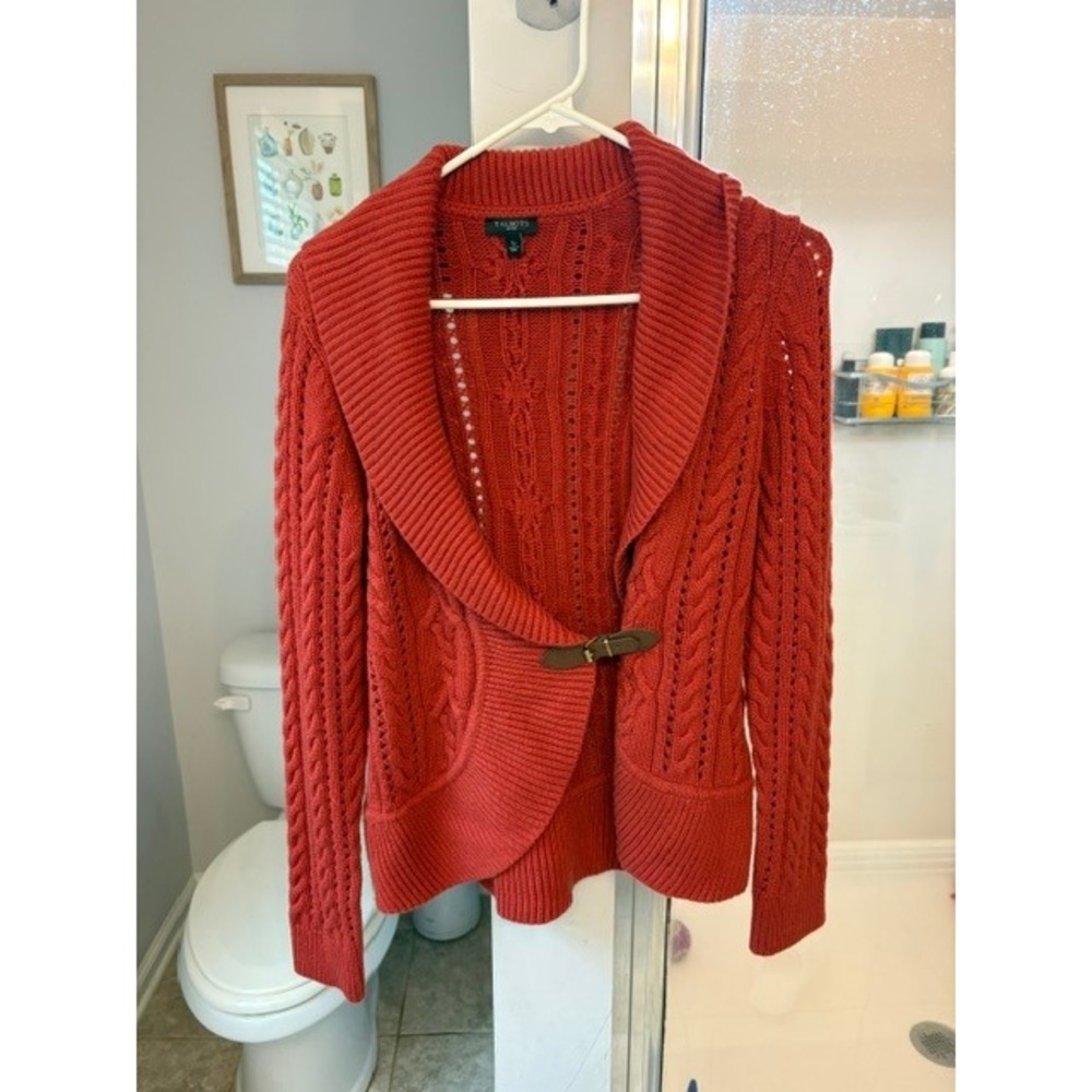 Talbots Petites SP Cable Knit Cardigan Sweater Jacket Lambswool Buckle Rust